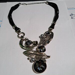 Oversized chunky silver and black color necklace with leaf design & black stones
